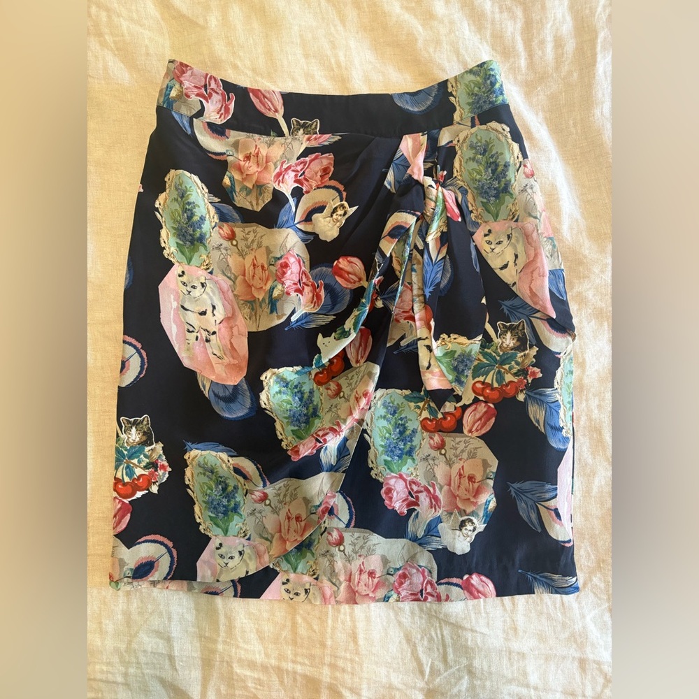 Anthropologie Rebekah Maysles Silk Navy Pink Cat Cherry Mini Skirt 6